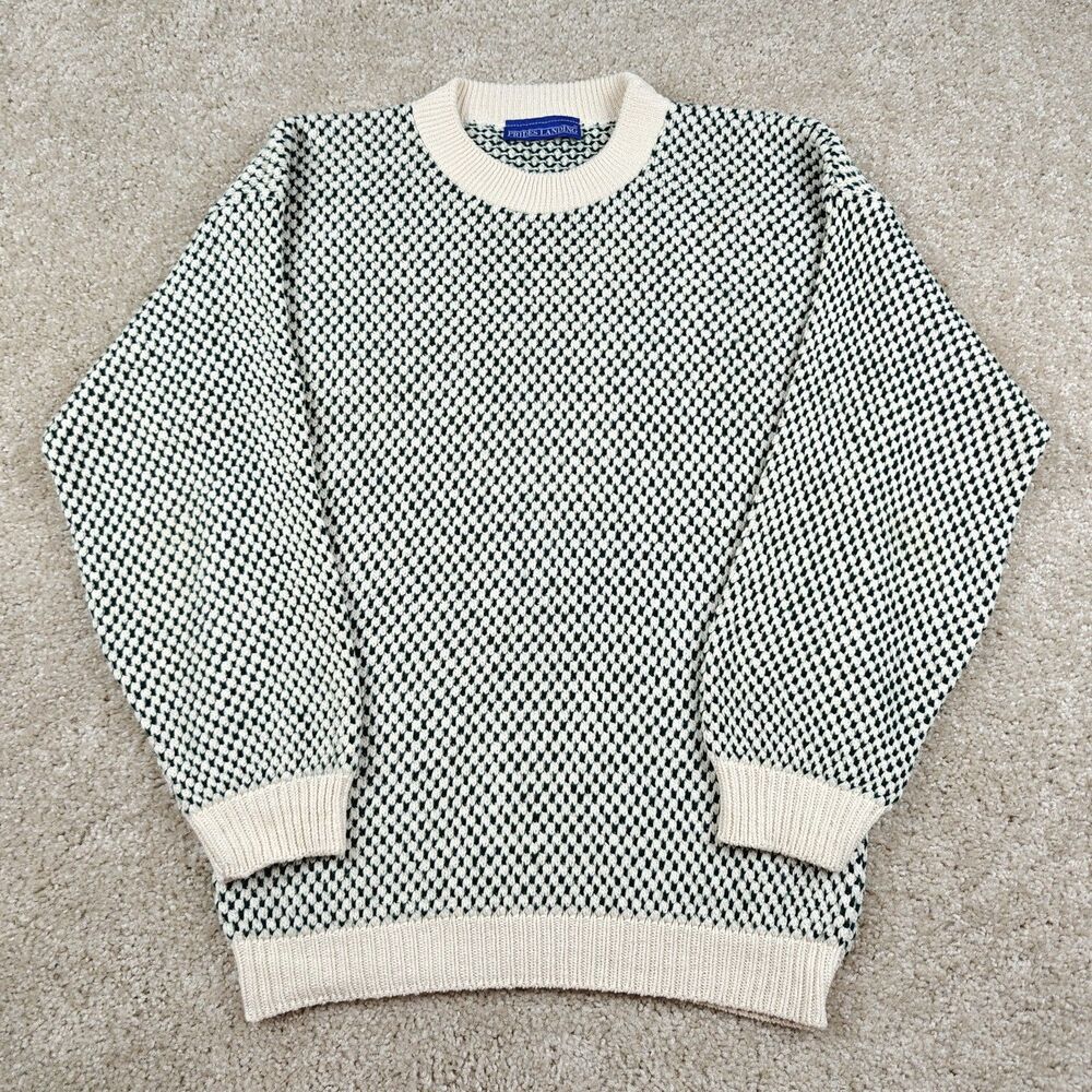 Prides Landing Vintage Sweater Men's M White Green Thick Knit Fisherman